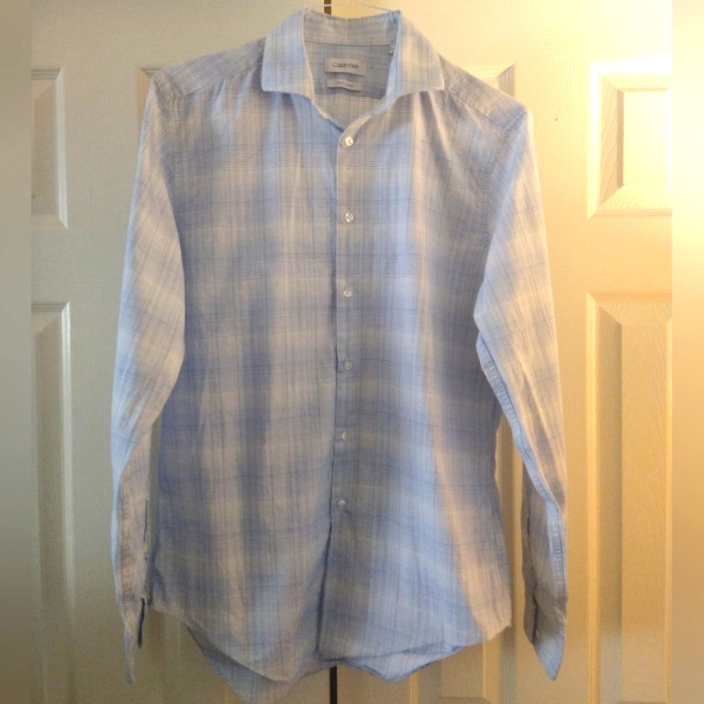 Men's Blue/white Calvin Klein Slim Fit Stretch Long sleeve, (15-15 1/2) 34,35